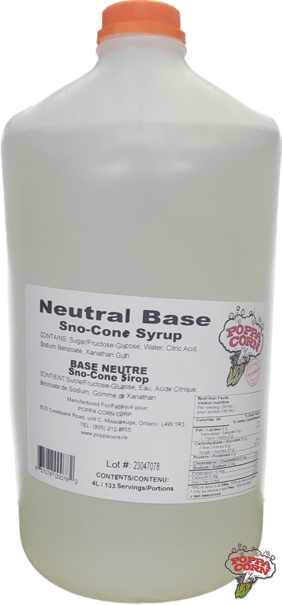 SNK006 - Neutral Base  Syrup - 4L Jug - Poppa Corn Corp