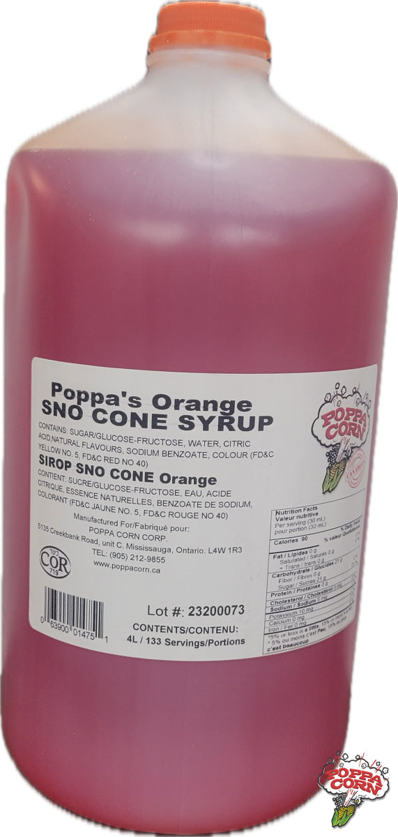 ***FLASH SALE***SNK005 - Orange - Snow Cone Syrup - 4L Jug - Poppa Corn Corp