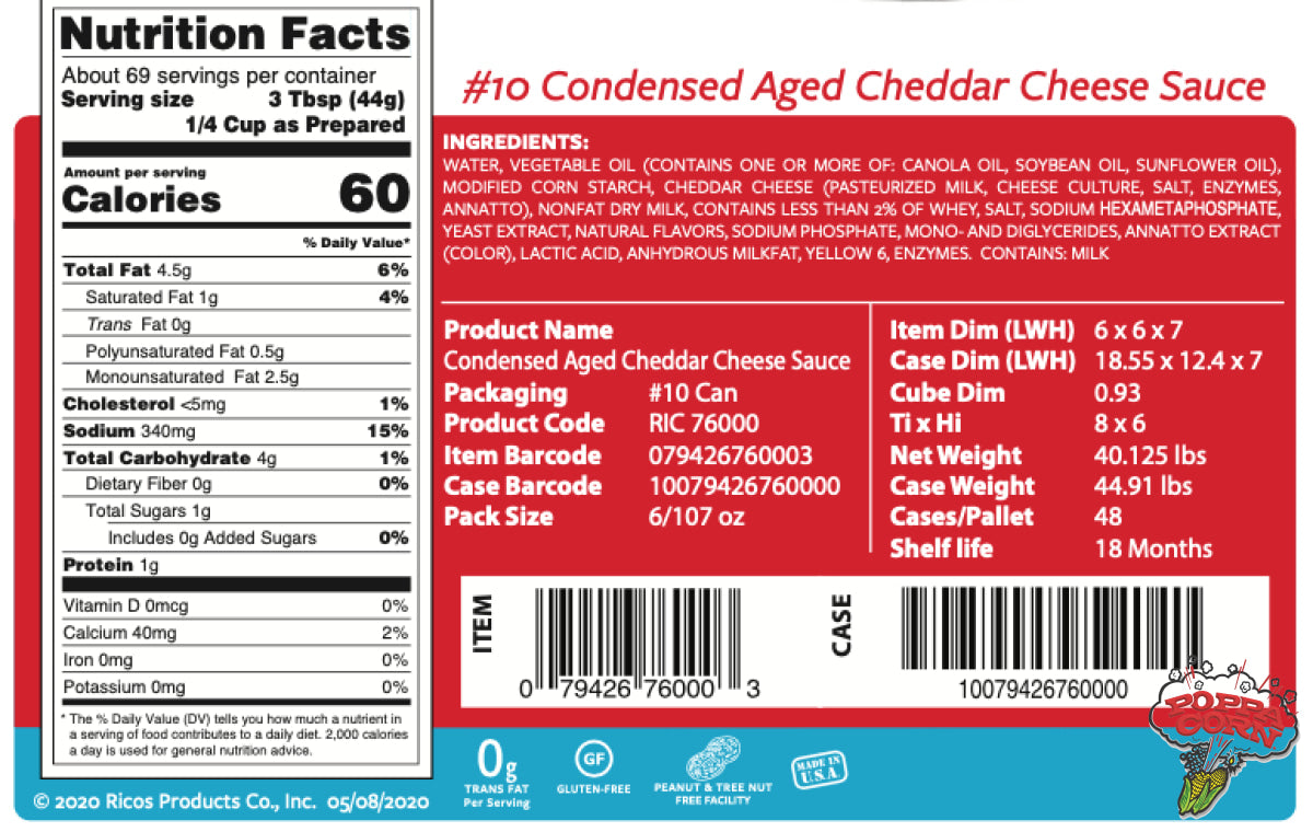 Ricos Aged Cheddar Cheese Sauce Tins - Case of 6 x 100oz - Poppa Corn Corp