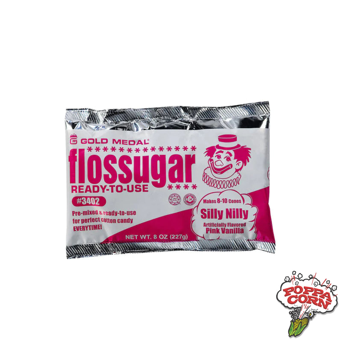 Silly Nilly (Pink Vanilla) 8-oz. Flossugar Pouches - FLO213 - Poppa Corn Corp