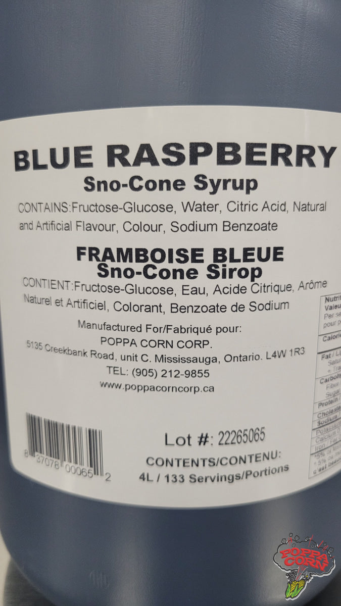 SNK001 - Poppa Corn Blue Raspberry  Flavor Snow Cone Syrup - 4L Jug - Poppa Corn Corp