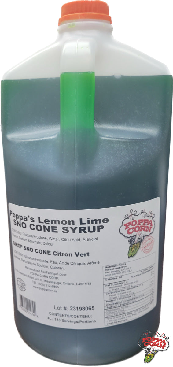 SNK004 - Lemon-Lime - Snow Cone  Syrup - 4L Jug - Poppa Corn Corp