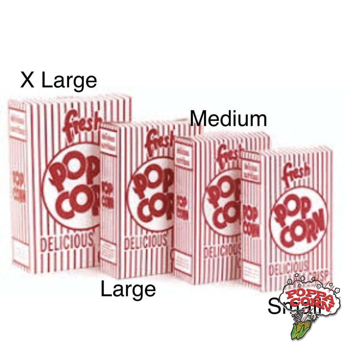 BOX004 - X-Large Red & White Striped Box - 250/Case - Poppa Corn Corp