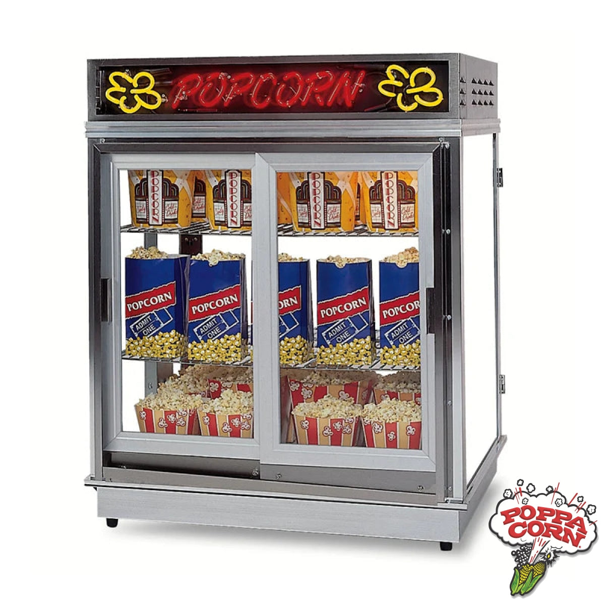 LED Neon Astro Staging Cabinet with Self-Serve Doors - Double Sliding Doors - GM2004SLDDN - Poppa Corn Corp