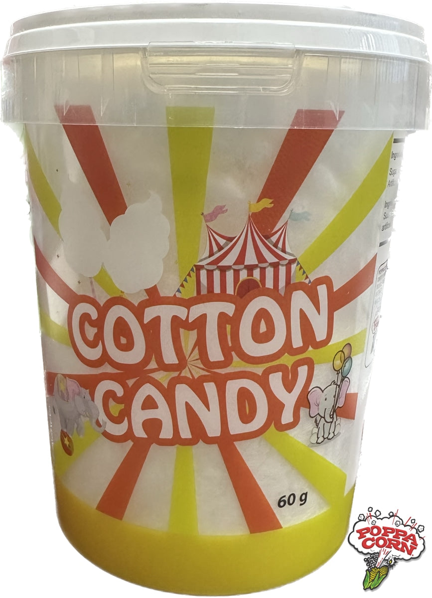 Poppa Corn's WHITE Cotton Candy Tubs - Pre-Packaged Candy Floss Tubs - 24 x 60g/Case - S112WHITE - Poppa Corn Corp
