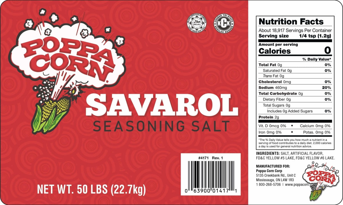 SAL050 - Butter Flavoured Salt (Savarol) - 50lb Bag-in-Box - Poppa Corn Corp